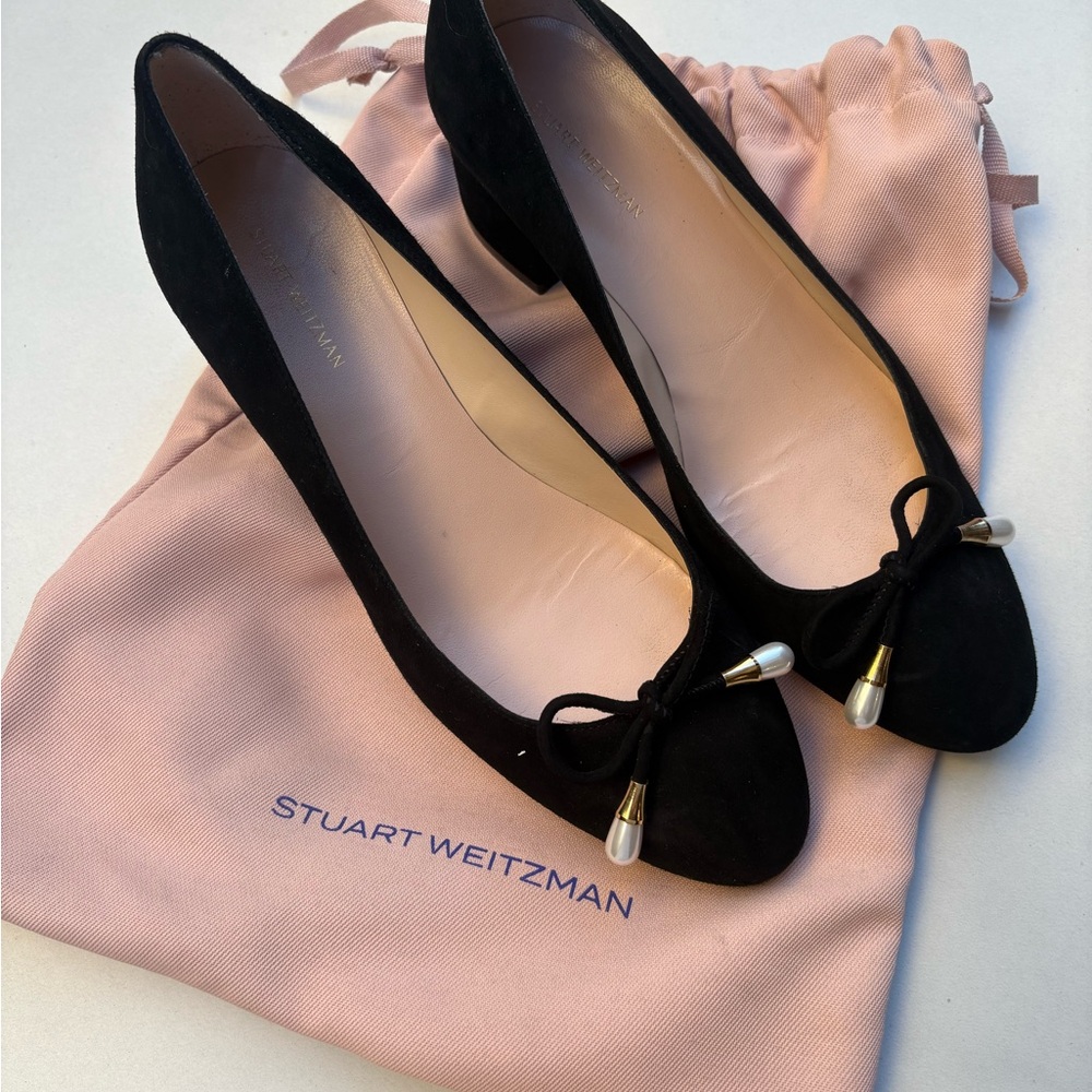 Stuart Weitzman Bow Black Suede Block Heel